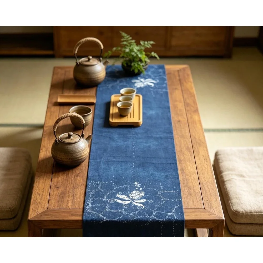 Indigo Batik Goldfish Table Runner | Handmade Cotton Dining Table Decor